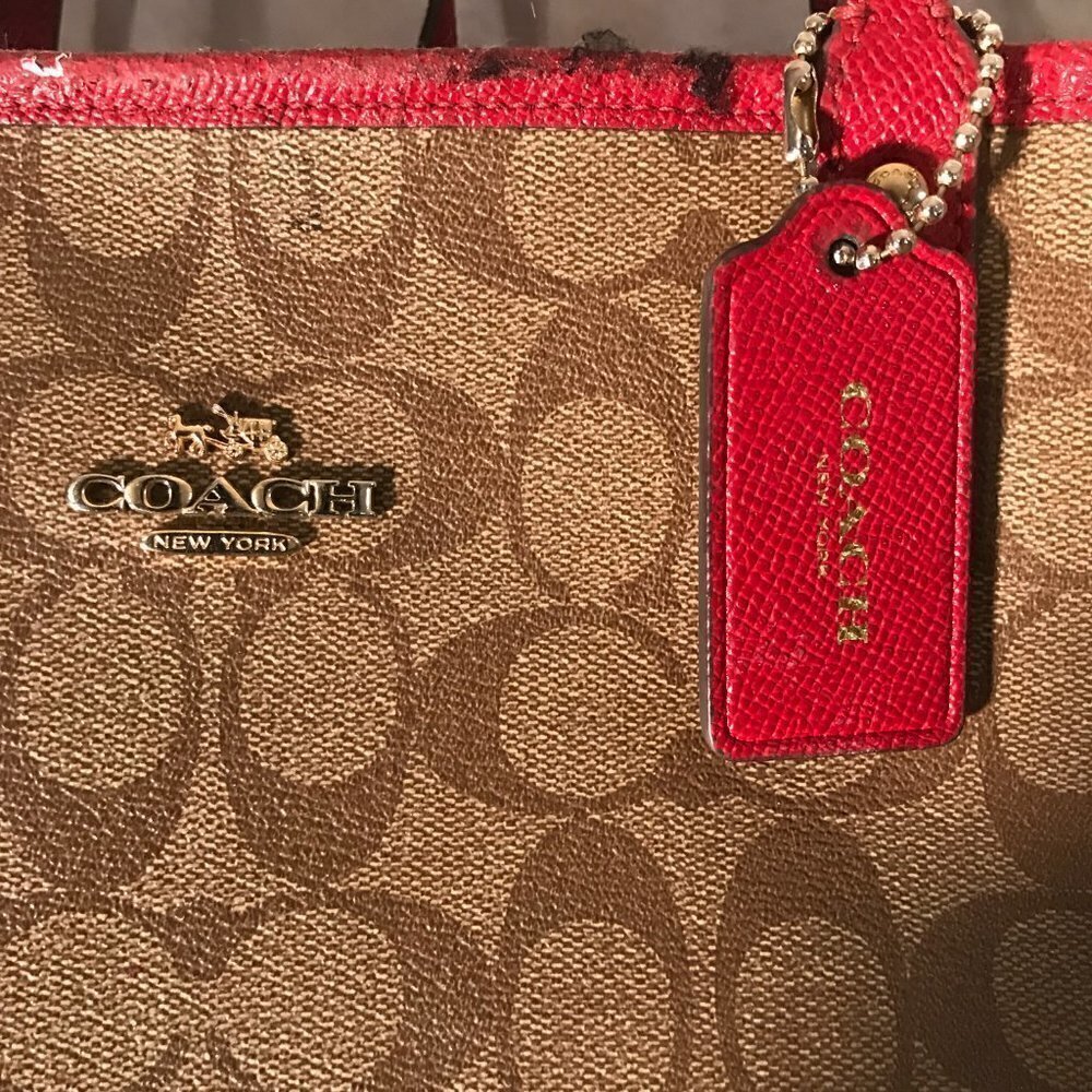Vintage COACH Genuine Leather Women Brown Red Hand Shoulder Bag Purse - Picture 2 of 10